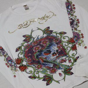 Y2K Ed Hardy Thermal Long Sleeve White Jeweled Waffle Knit